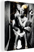 Canvas Schilderij Marmerlook - Meisje met de parel - Sigaretten - Toilet - Goud - Kunst - Oude meesters - 30x40 cm - Wanddecoratie