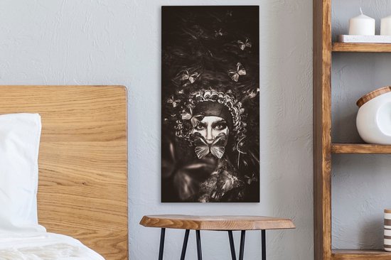 Toile Peinture Femme - Papillon - Zwart - Wit - 20x40 cm - Décoration murale
