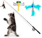 Interactieve kat speelgoed, intrekbare kat hengel met 3 reserve aas van veren en klokken, verstelbare koord lengte, feather teaser voor katten, kitten plezier
