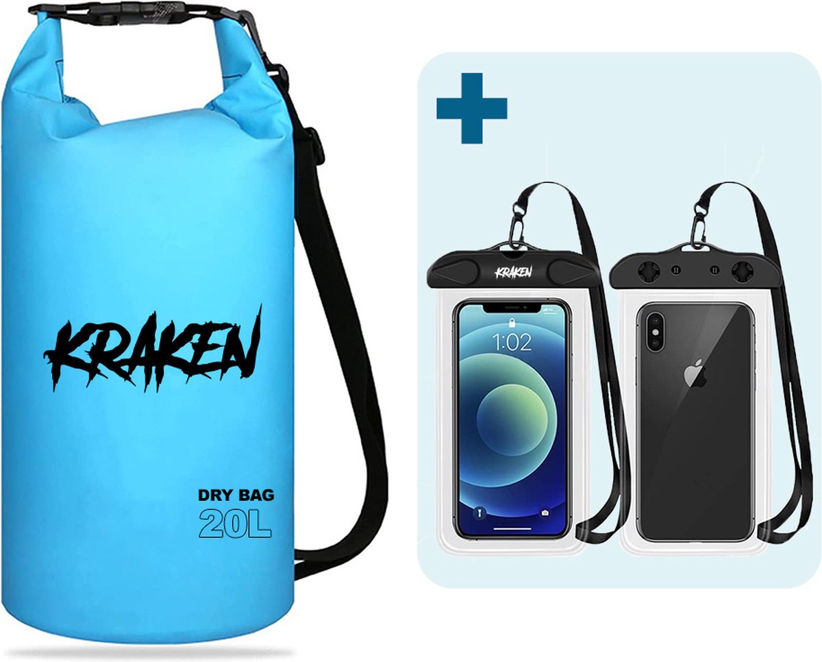 KRAKEN Drybag 20L Blauw | incl GRATIS Mobielhoesje | Premium Waterdichte Tas | Lichtgewicht Drybag | Duurzaam PVC Materiaal | Verstelbaar | Gemakkelijk Op te Bergen | Dry bag voor het Ultieme Supboard en Kayak Avontuur!
