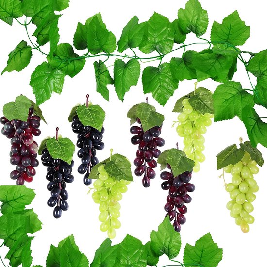 8 spiesjes Plastic druif Plastic Fruit Kunstmatige Simulatie Kunstmatige Plastic druif met 2 Pak druivenbladeren voor huwelijksdecoratie foto rekwisieten (Stijl 1)