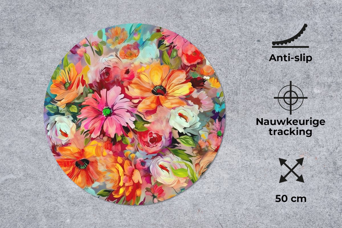 Muismat rond 50x50 cm - Mousepad Bloemen - Kleurrijk - Kunst - Olieverf - Ronde muismatten