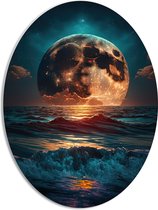 PVC Schuimplaat Ovaal - Heldere Maan Dobberend op het Wateroppervlak - 42x56 cm Foto op Ovaal (Met Ophangsysteem)