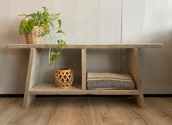 Banc en bois d'échafaudage 110 cm avec 2 compartiments - bois usagé - bois de démolition - 110x19,5x47 cm