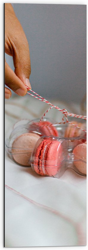 Dibond - Macarons in Plastic Bakje met Strik - 30x90 cm Foto op Aluminium (Wanddecoratie van metaal)