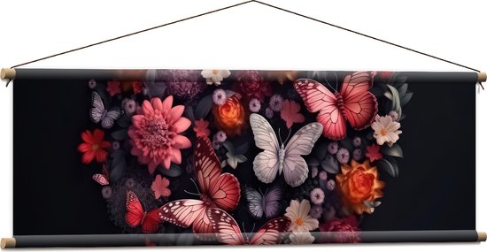 Textielposter - Hart van Verschillende Bloemen en Vlinders tegen Zwarte Achtergrond - 120x40 cm Foto op Textiel