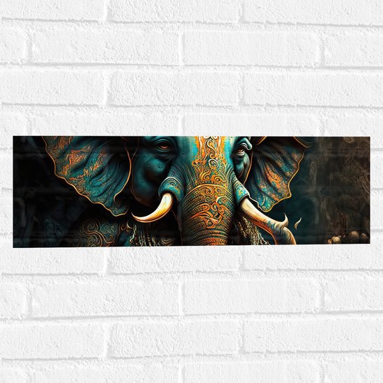 Muursticker - Blauw Ganesha Beeld met Gouden Details - 60x20 cm Foto op Muursticker