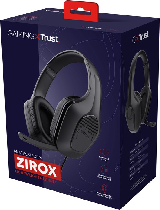 Verpakking van de Trust GXT 415 Zirox gaming headset, zwart.