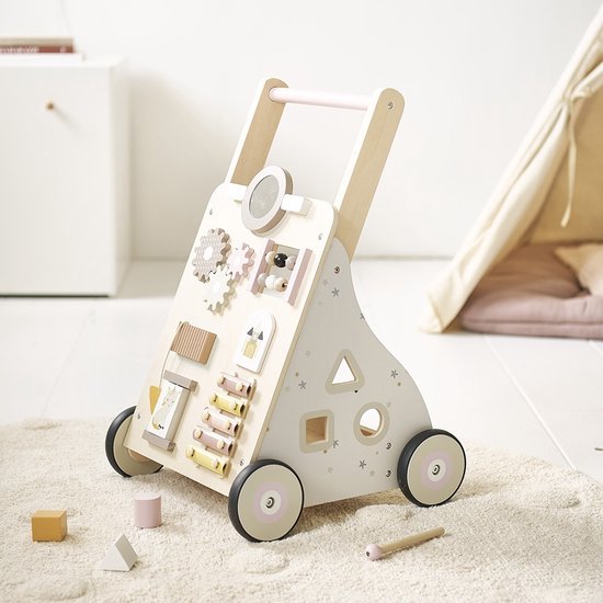 Petite Amélie ® Houten Loopwagen 1 jaar - Babywalker als Looptrainer - Stimuleert motoriek & eerste stapjes - Eindeloos speelplezier (van Xylofoon, vormenstoof tot spiegeltje) - Lara