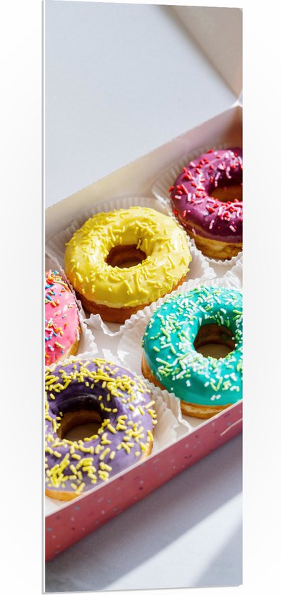 PVC Schuimplaat- Gekleurde Donuts met Spikkels in Roze Doos - 40x120 cm Foto op PVC Schuimplaat