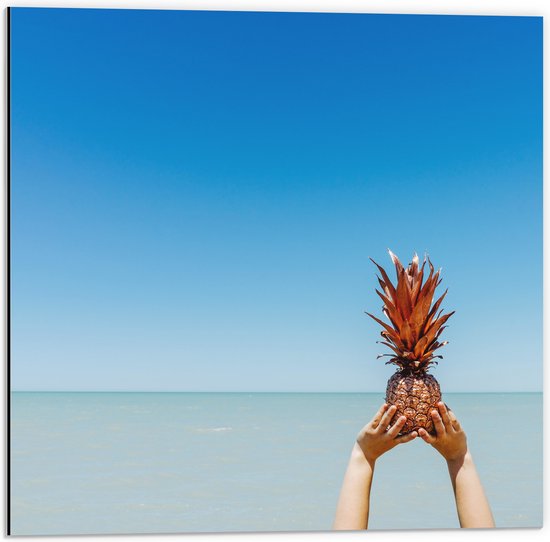 Dibond - Ananas in Handen bij het Water - 50x50 cm Foto op Aluminium (Wanddecoratie van metaal)