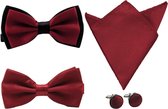 2 Vlinderdassen inclusief pochet en manchetknopen - bordeaux rood - zwart - vlinderstrik - strik - pochette - heren