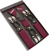 Luxe chique – heren bretels – rood effen - bruin leer - 6 extra stevige clips