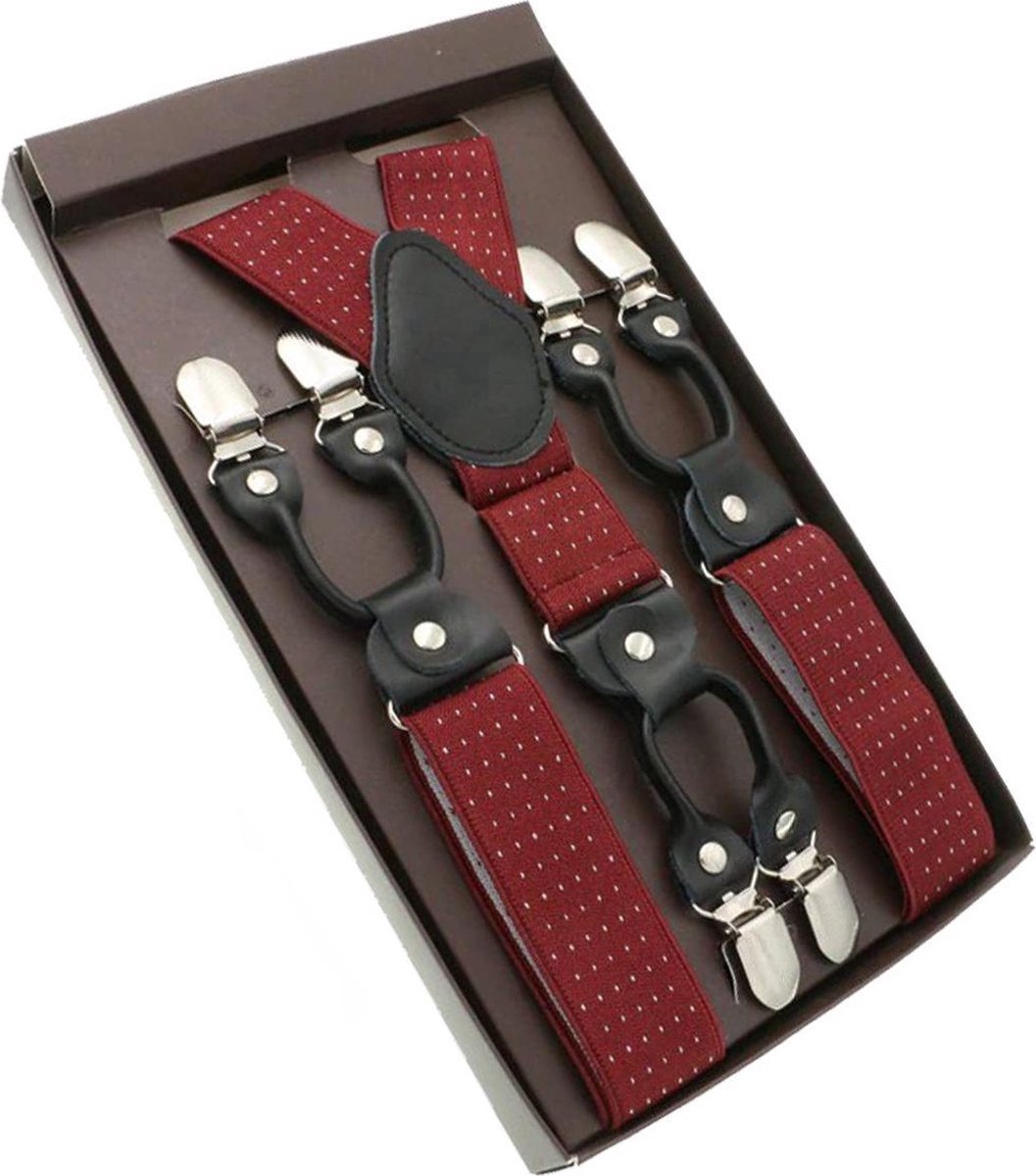 Luxe chique - heren bretels - bordeaux rood stip wit - zwart leer - 6 extra stevige clips