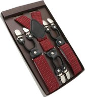 Luxe chique – heren bretels – 6 extra stevige clips – bordeaux rood gestipt met wit design – zwart leer - bretels