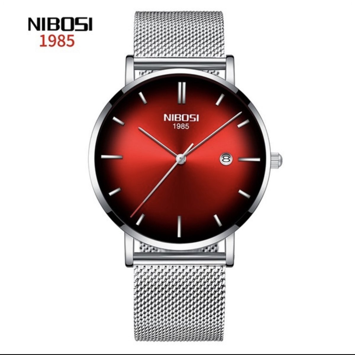 NIBOSI Horloge - Zilverkleurig - Rood - Heren - Analoog - Ø 35 mm - staal - Datumaanduiding