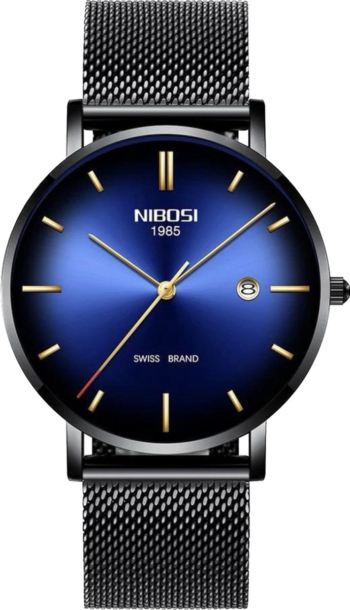 NIBOSI Horloge - Zwart - Heren - Analoog - Blauw - Ø 35 mm - staal - Datumaanduiding