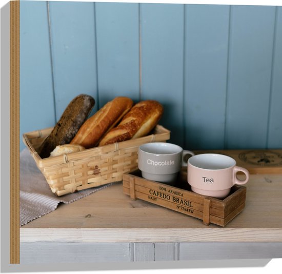Hout - Mand met Broodjes en Koffie op Kast - 50x50 cm - 9 mm dik - Foto op Hout (Met Ophangsysteem)