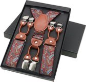 Chique moderne bretels - Rood paisley dessin - middenbruin leer - 6 stevige clips - heren - unisex - Cadeau