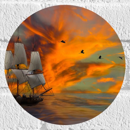 Muursticker Cirkel - Schilderij van Vogels boven Zeilschip met Dolfijnen en Kleurrijke Lucht - 20x20 cm Foto op Muursticker