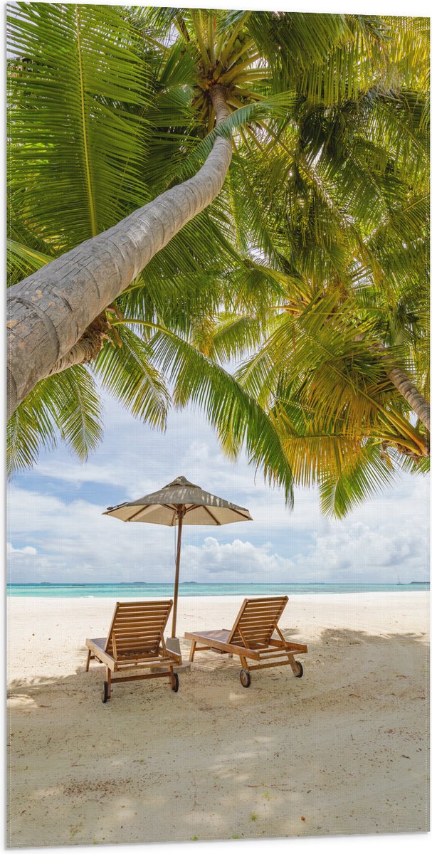 Vlag - Schuingroeiende Palmboom boven Ligbedden en Parasol op het Strand - 50x100 cm Foto