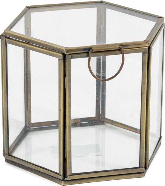 Glazen doosje hexagon met deksel goud