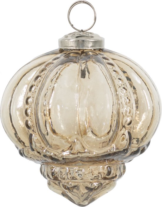 Une boule de Noël en verre bronze à côtes et détails décoratifs.