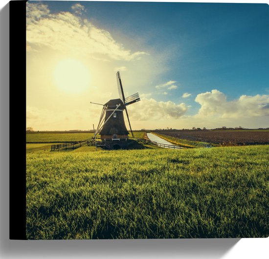 Canvas - Landschap - Water - Sloot - Molen - Gras - 30x30 cm Foto op Canvas Schilderij (Wanddecoratie op Canvas)