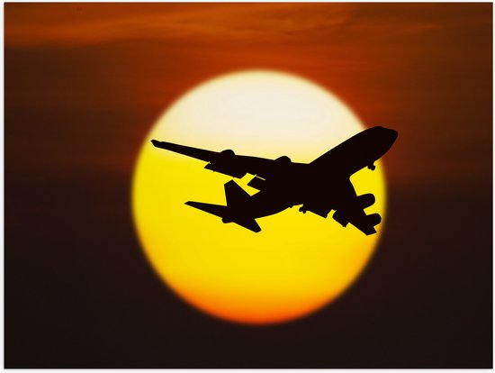 Poster (Mat) - Silhouet van Passagiersvliegtuig vliegend langs de Horizon - 40x30 cm Foto op Posterpapier met een Matte look
