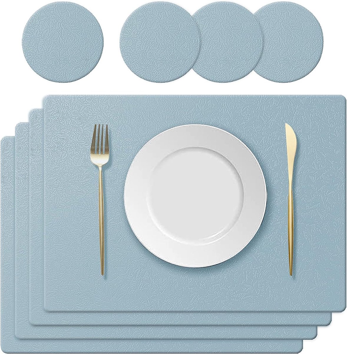 KERYCHIN 4 placemats van siliconen + 4 antislip tafelonderzetters met bladpatroon, hittebestendig 230 °C, waterdichte placemat voor keuken, thuis, restaurant, eettafel, 40 x 30 cm, lichtblauw