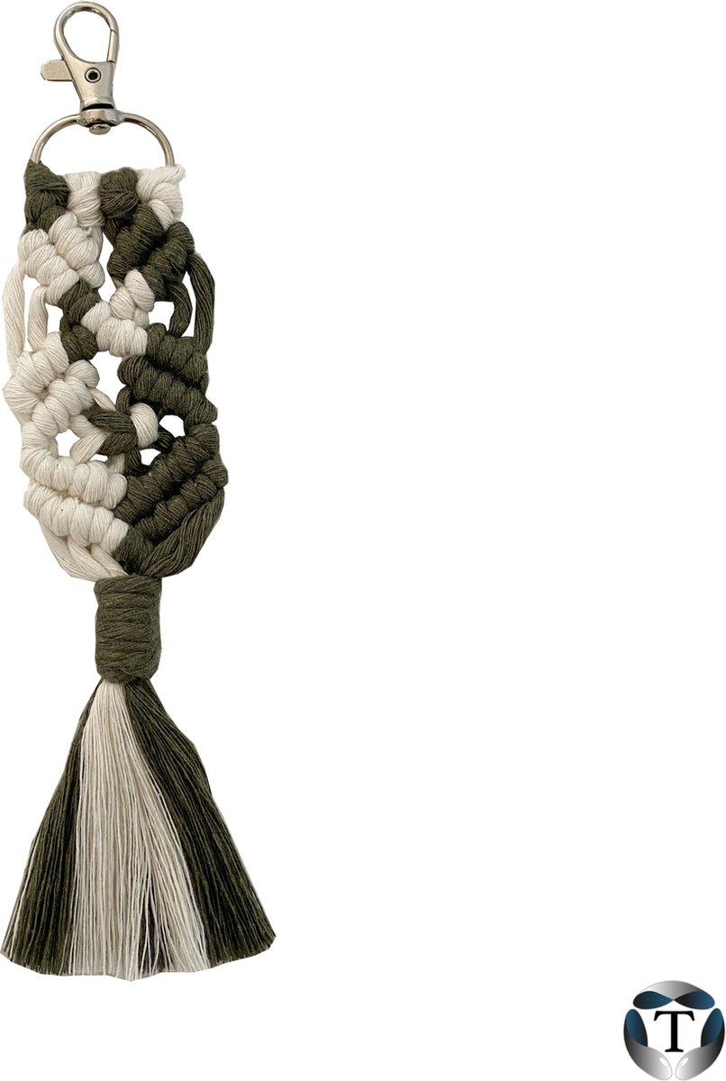Sleutelhanger | Macramé | Naturel en Olijfgroen | Geknoopt | Sleutelhanger Macramé | Sleutelbos | Autosleutel | Tas | Hanger | Handgemaakt | 100% Katoen | Cadeau Idee | Diverse Kleuren | TheOldOmen |