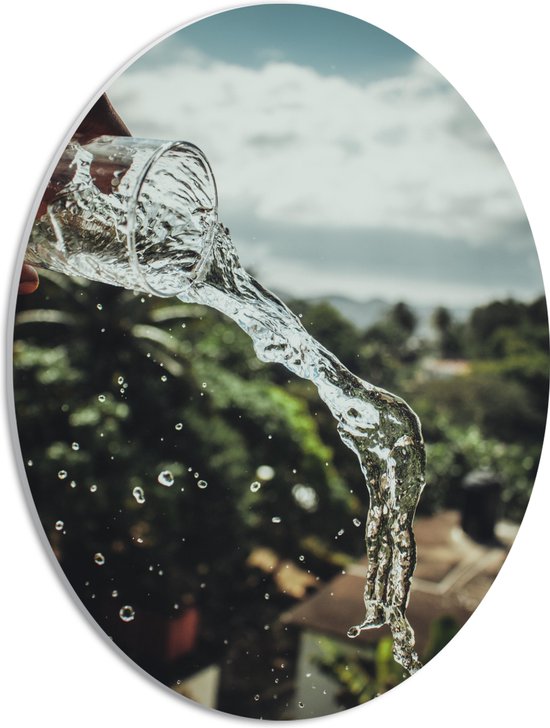 PVC Schuimplaat Ovaal - Hand - Glas - Water - Druppels - Bomen - 30x40 cm Foto op Ovaal (Met Ophangsysteem)