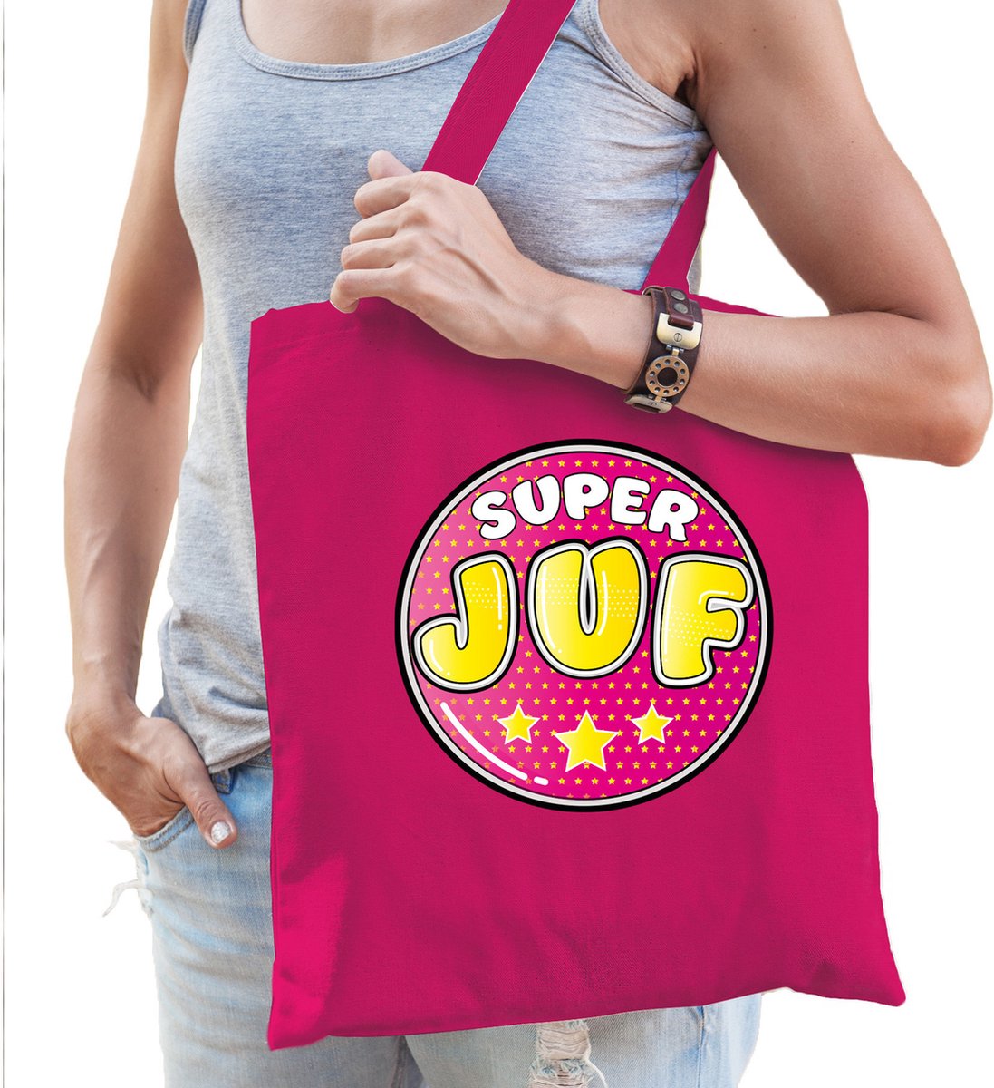 Bellatio Decorations cadeau tas voor juf - fuchsia roze - katoen - 42 x 38 cm - juffendag
