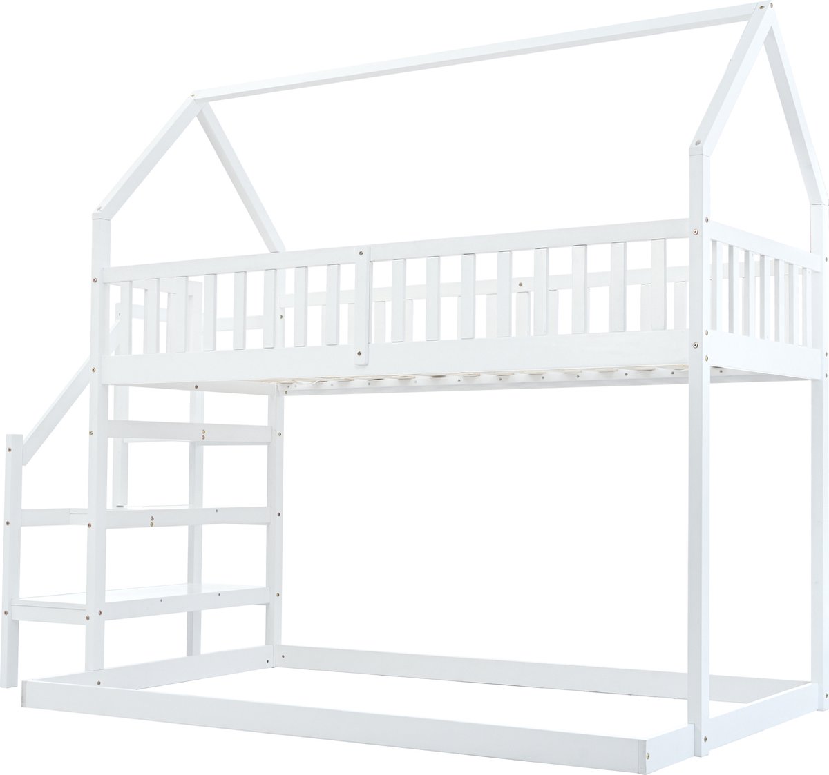 Lit cabane enfant 90x200cm - avec escalier d'angle, fenêtres, sommier à  lattes en pin, clôture, lits superposés, pour 2 personnes - Blanc