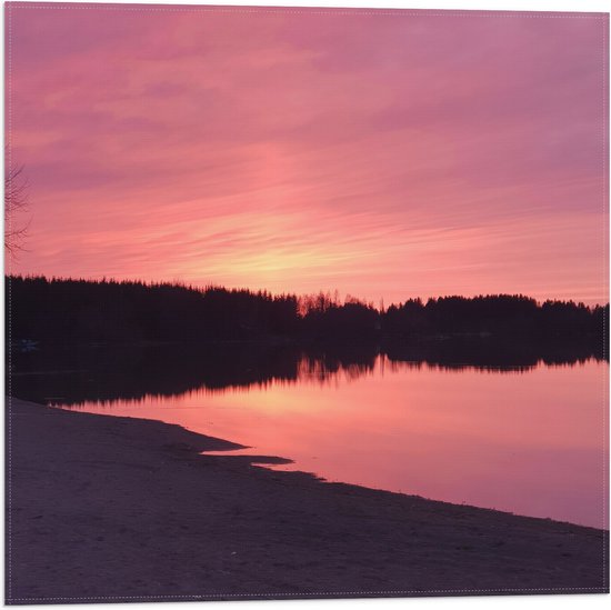 Vlag - Landschap - Strandje - Meer - Bomen - Bossen - Zand - Water - Roze - 50x50 cm Foto op Polyester Vlag
