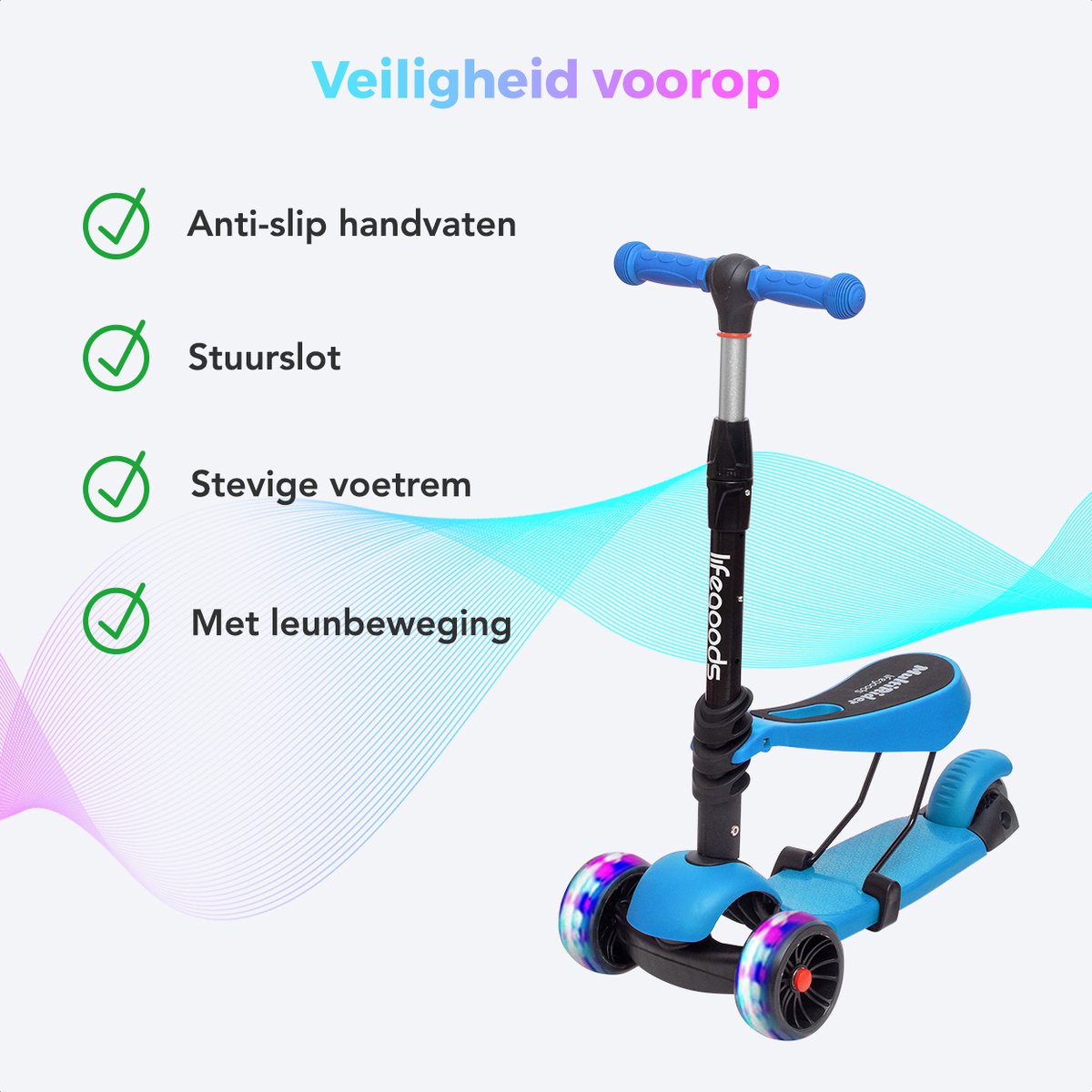LifeGoods MultiRider Kinderstep - Step 3-8 Jaar - Hoogte Verstelbaar Zitje - Lichtgevende LED Wielen - Jongens/Meisjes - Blauw — afbeelding 8