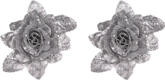 2x stuks decoratie bloemen roos zilver glitter met blad op clip 15 cm - Decoratiebloemen/kerstboomversiering