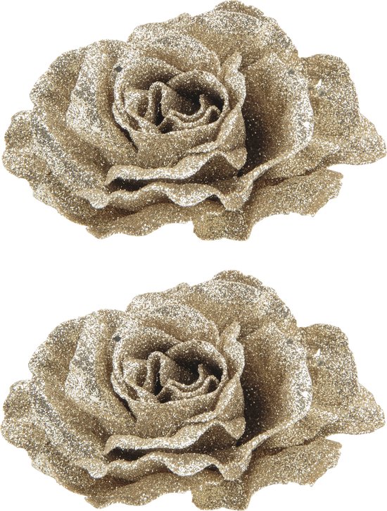 2x stuks decoratie bloemen roos champagne glitter op clip 10 cm - Decoratiebloemen/kerstboomversiering