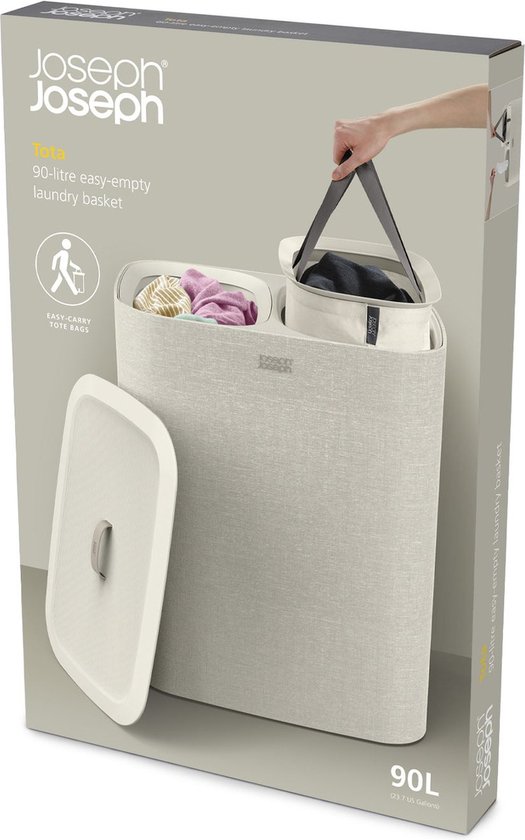 Ecru wasmand van Joseph Joseph met twee compartimenten, deksel open, productverpakking.