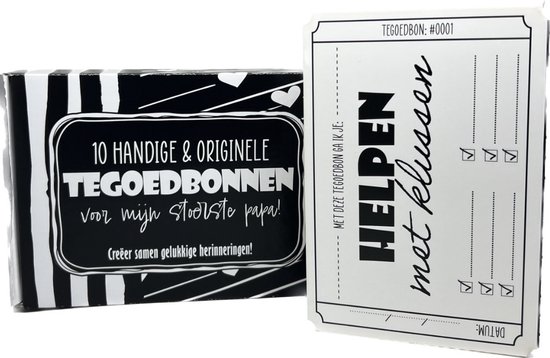 Doosje met tegoedbonnen 'Voor mijn stoerste papa'. De bonnen zijn zwart-wit met tekst.
