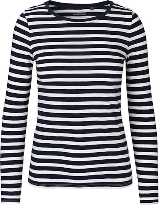 T-shirt à manches longues pour femme avec col rond White/ Marine - M