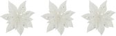 6x stuks decoratie bloemen kerststerren wit glitter op clip 15 cm - Decoratiebloemen/kerstboomversiering/kerstversiering
