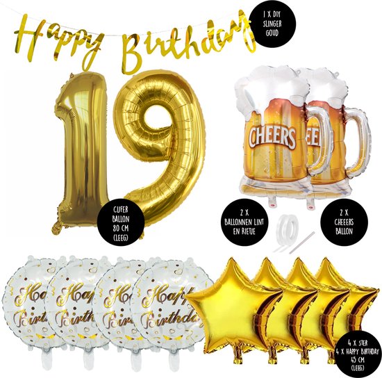 19 Jaar Verjaardag Cijfer ballon Mannen Bier - Feestpakket Snoes Ballonnen Cheers & Beers - Herman