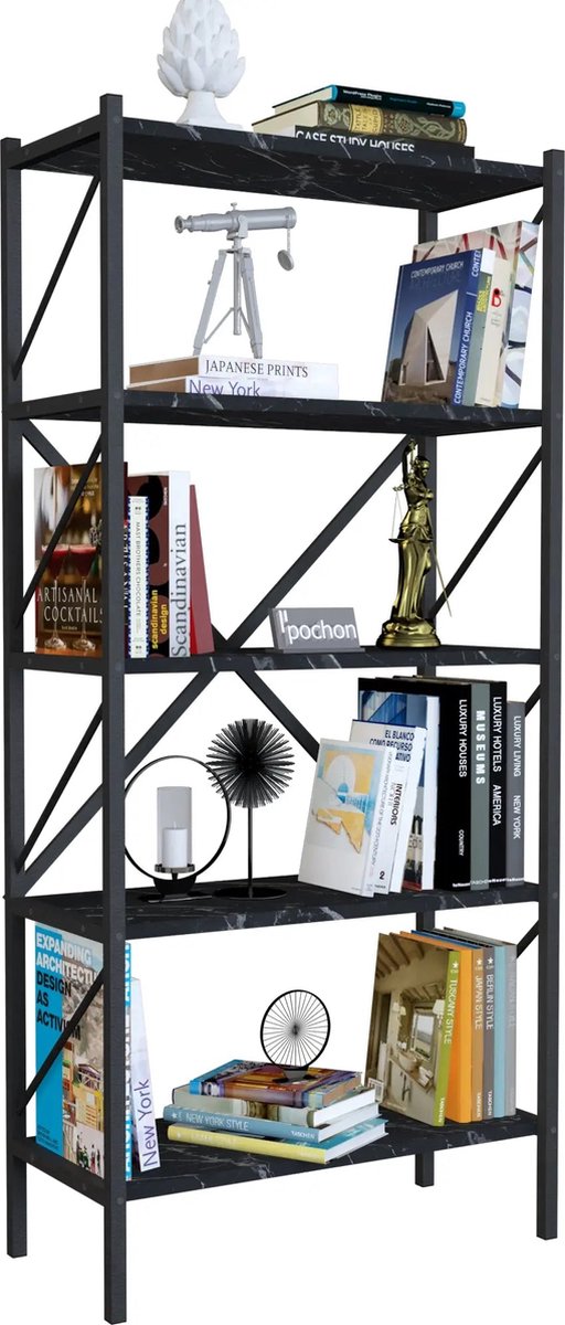 Pochon - Boekenkast Demeter - Zwart Marmer - 34x66x160 - Boekenrek - Kast - Opbergkast - Industrieel