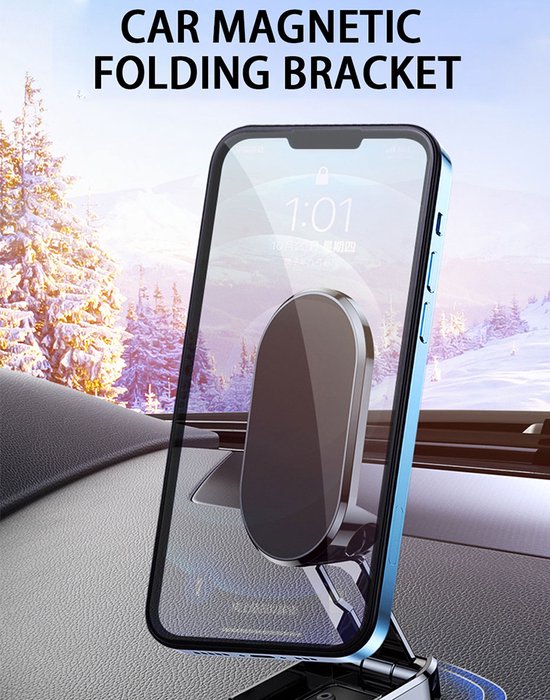 Zwarte magnetische telefoonhouder op een dashboard, met een smartphone in een blauw hoesje.