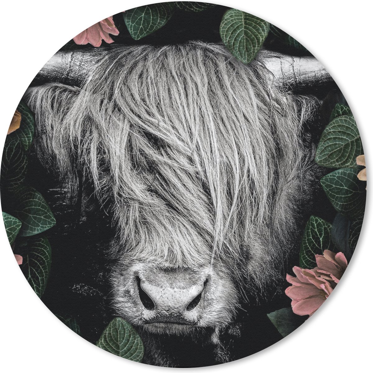 Muismat rond 30x30 cm - Mousepad Schotse hooglander - Bloemen - Zwart - Wit - Ronde muismatten
