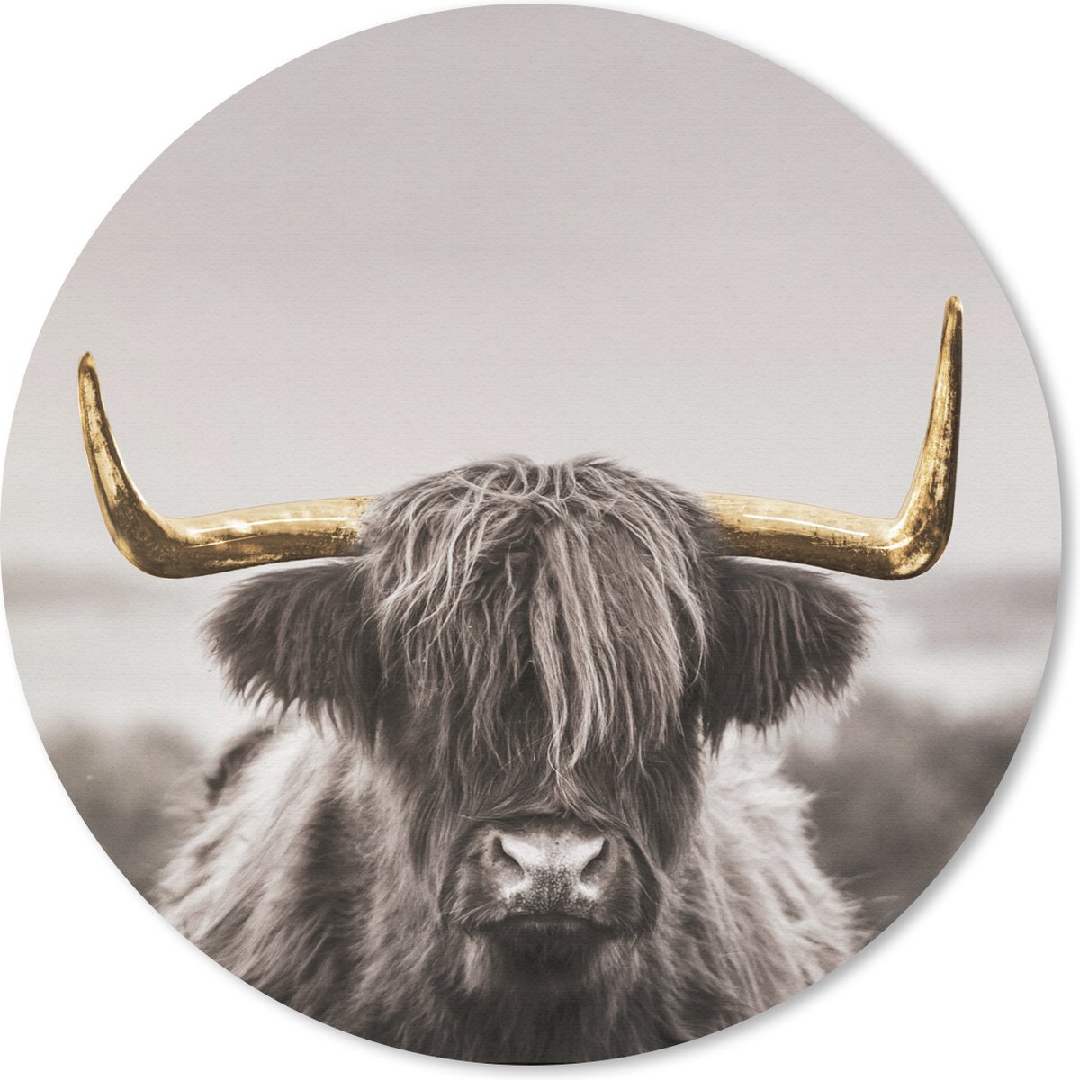 Muismat rond 40x40 cm - Mousepad Schotse hooglander - Goud - Hoorn - Ronde muismatten