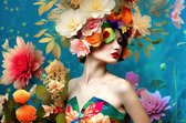 JJ-Art (Glas) 60x40 | Vrouw met bloemen - geschilderde stijl - kleurrijk - kunst - woonkamer - slaapkamer | gezicht, mens, surrealisme, blauw, rood, geel, groen, modern | Foto-schilderij-glasschilderij-acrylglas-acrylaat-wanddecoratie | KIES JE MAAT