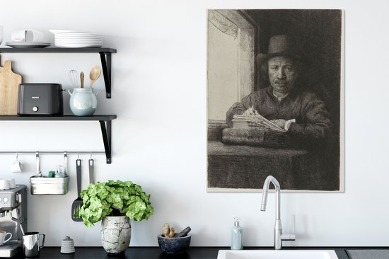 Autoportrait de Rembrandt eau-forte à une fenêtre - Peinture de Rembrandt van Rijn sur toile 60x80 cm - Tirage photo sur toile (Décoration murale salon / chambre)