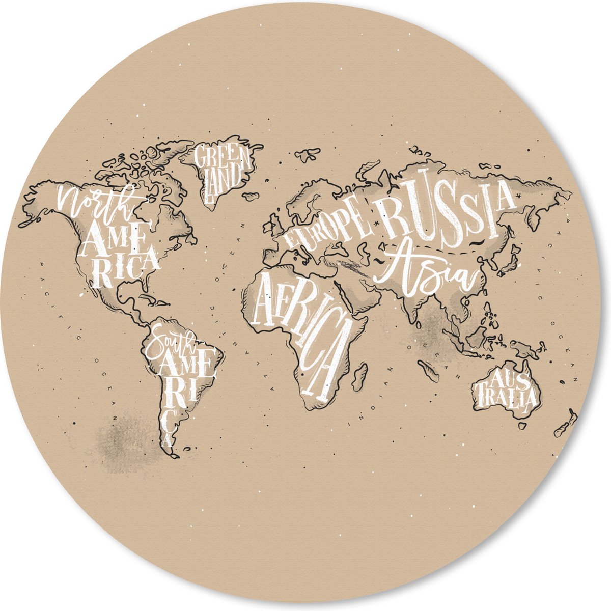 Muismat rond 40x40 cm - Mousepad Wereldkaart - Bruin - Wit - Letters - Ronde muismatten